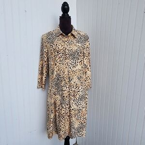 NWT Tacera Womens Beige Black Tan Animal Print 3/4 Sleeve Shirt Dress Sz L